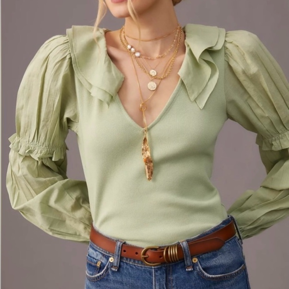 Anthropologie Light Green Ruffled Top